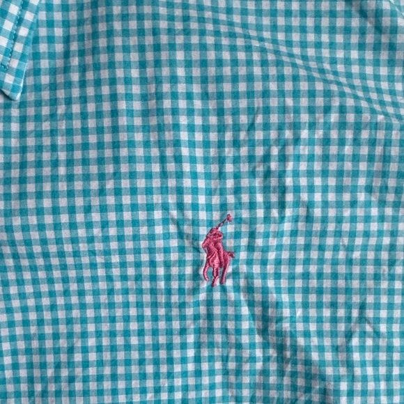 Ralph Lauren Turquoise Checkered Button Down Shirt - Picture 3 of 6
